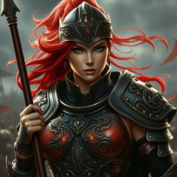 A fierce and beautiful female paladin with striking red hair flowing from her helmet