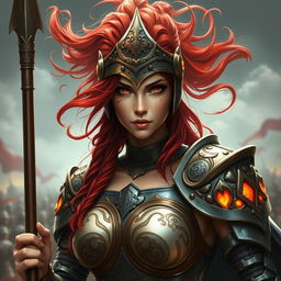 A fierce and beautiful female paladin with striking red hair flowing from her helmet