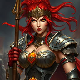 A fierce and beautiful female paladin with striking red hair flowing from her helmet