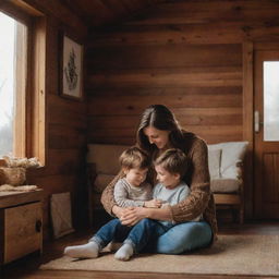 A heartfelt scene featuring a loving mother with brown hair spending quality time with her son inside their cozy wooden home.