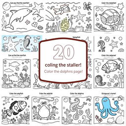 A collection of 20 intricate and educational coloring book pages featuring a variety of marine life tailored for preschool children