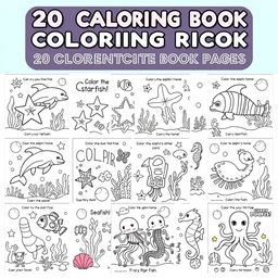 A collection of 20 intricate and educational coloring book pages featuring a variety of marine life tailored for preschool children