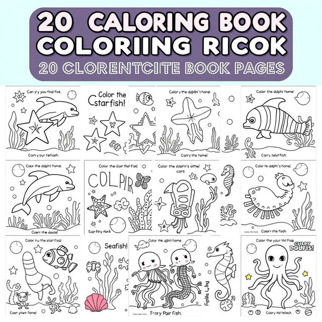 A collection of 20 intricate and educational coloring book pages featuring a variety of marine life tailored for preschool children