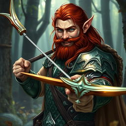 A red-haired male elf warrior with a robust beard, confidently holding a long bow, poised and ready to fight