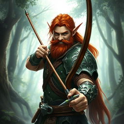 A red-haired male elf warrior with a robust beard, confidently holding a long bow, poised and ready to fight