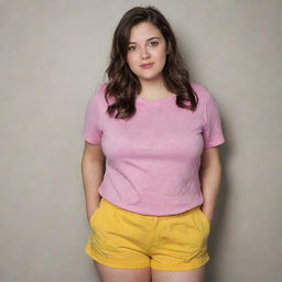 A semi-slim girl with curves wearing a pink t-shirt and yellow shorts, with light brown eyes and dark hair.