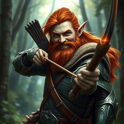 A red-haired male elf warrior with a robust beard, confidently holding a long bow, poised and ready to fight