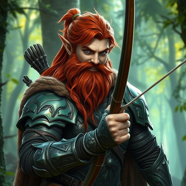 A red-haired male elf warrior with a robust beard, confidently holding a long bow, poised and ready to fight