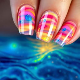 A breathtaking manicure inspired by a sunrise over the sea, showcasing vibrant hues of orange, pink, and blue to mimic the dawn sky reflecting on the ocean waves