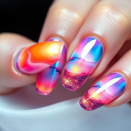 A breathtaking manicure inspired by a sunrise over the sea, showcasing vibrant hues of orange, pink, and blue to mimic the dawn sky reflecting on the ocean waves