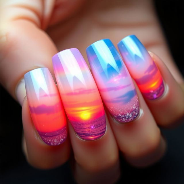 A breathtaking manicure inspired by a sunrise over the sea, showcasing vibrant hues of orange, pink, and blue to mimic the dawn sky reflecting on the ocean waves