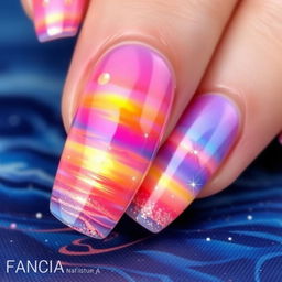 A breathtaking manicure inspired by a sunrise over the sea, showcasing vibrant hues of orange, pink, and blue to mimic the dawn sky reflecting on the ocean waves