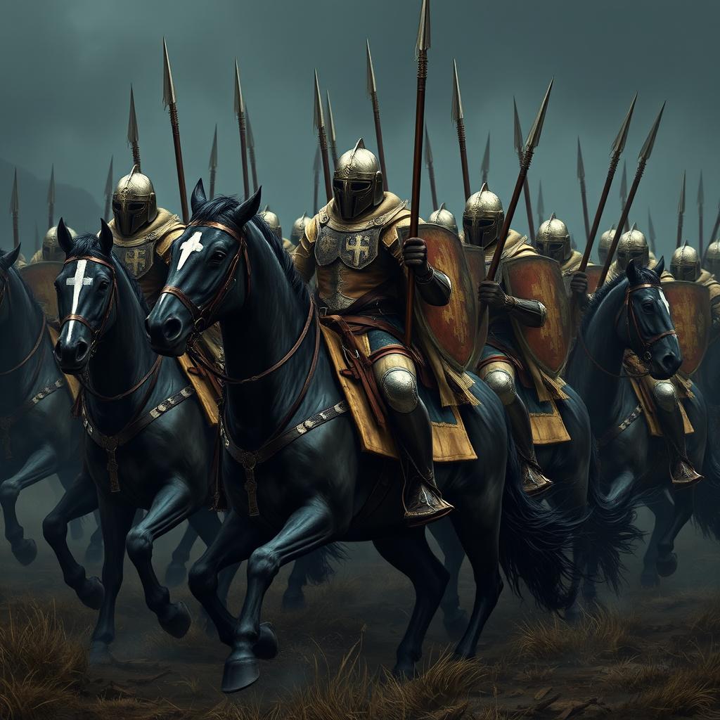 Human warriors mounted on dark, robust horses, clad in light leather armor with shields adorned with crosses and symbols of justice