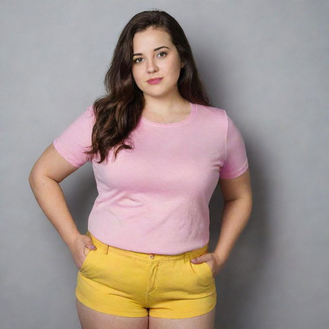 A semi-slim girl with curves wearing a pink t-shirt and yellow shorts, with light brown eyes and dark hair.