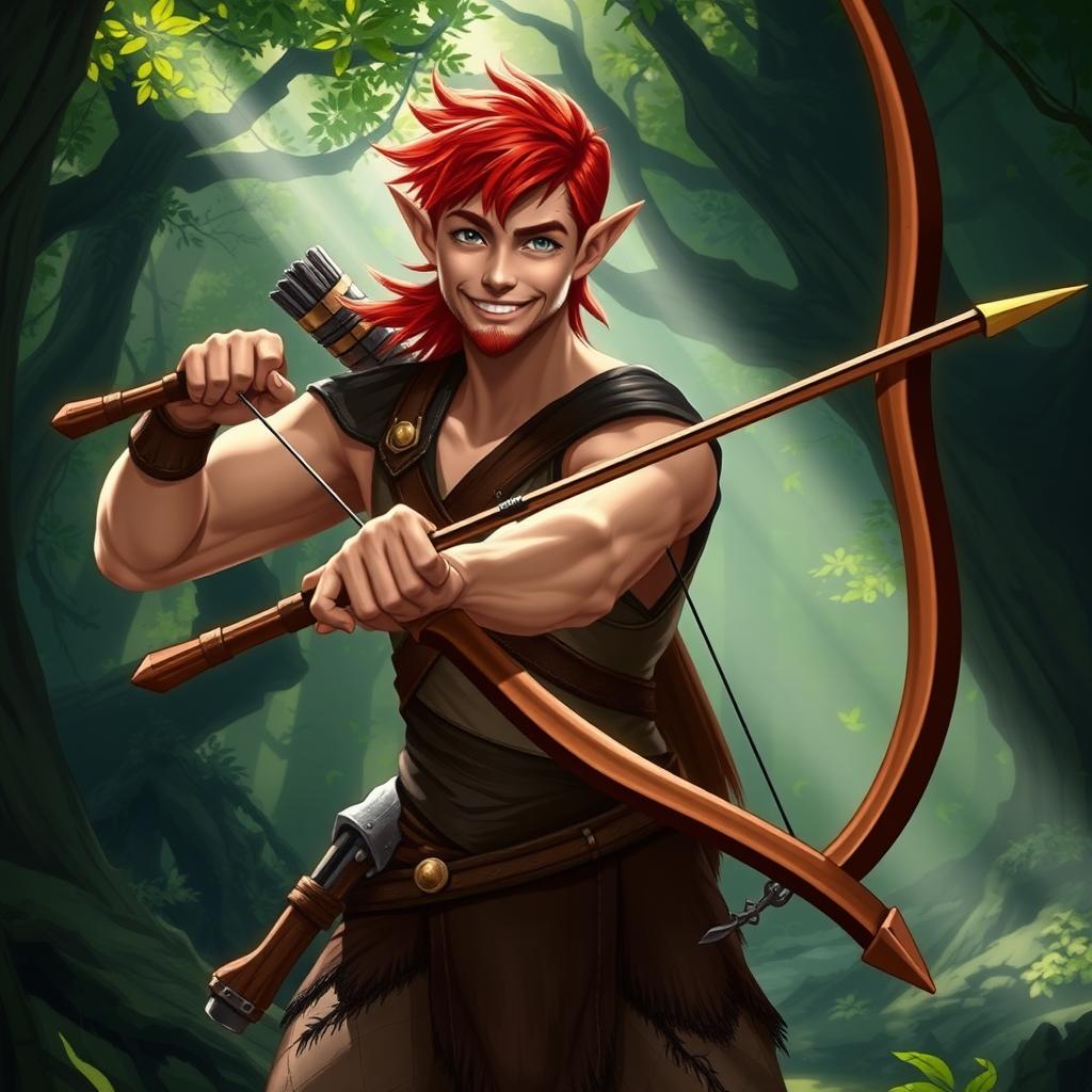 A handsome, young male elf with striking red hair and a short beard, holding a long bow at the ready