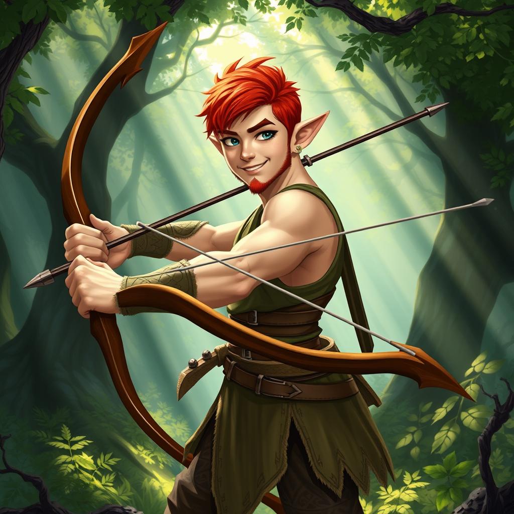 A handsome, young male elf with striking red hair and a short beard, holding a long bow at the ready