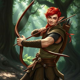 A handsome, young male elf with striking red hair and a short beard, holding a long bow at the ready