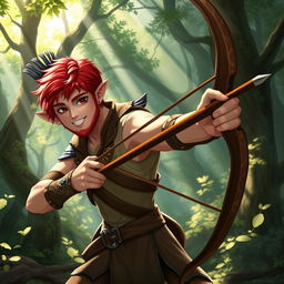 A handsome, young male elf with striking red hair and a short beard, holding a long bow at the ready