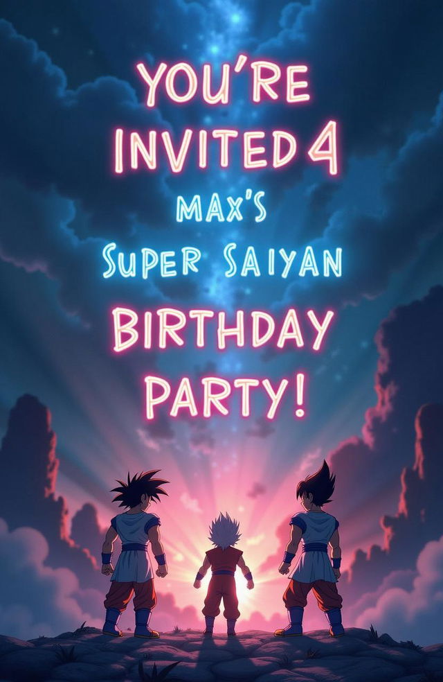 Anime style birthday invitation in the style of Makoto Shinkai, featuring three anime characters with dynamic, dramatic lighting and magical sky