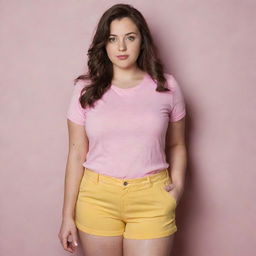 A semi-slim girl with curves wearing a pink t-shirt and yellow shorts, with light brown eyes and dark hair.