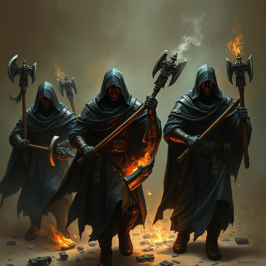 Human warrior priests dressed in black robes and light armor, carrying maces and sacred symbols of their faith