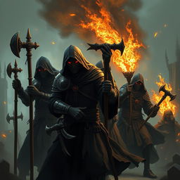 Human warrior priests dressed in black robes and light armor, carrying maces and sacred symbols of their faith