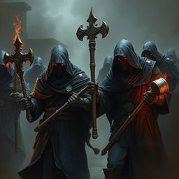 Human warrior priests dressed in black robes and light armor, carrying maces and sacred symbols of their faith