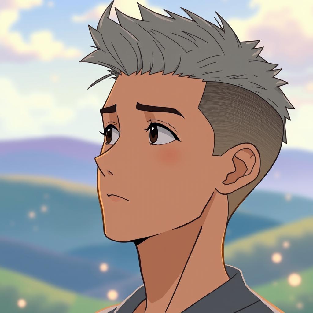 A male with short, textured hair featuring a high fade hairstyle, depicted in a Studio Ghibli inspired style