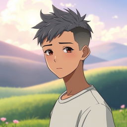 A male with short, textured hair featuring a high fade hairstyle, depicted in a Studio Ghibli inspired style