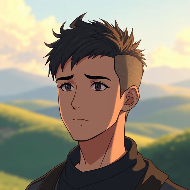 A male with short, textured hair featuring a high fade hairstyle, depicted in a Studio Ghibli inspired style