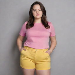 A semi-slim girl with curves wearing a pink t-shirt and yellow shorts, with light brown eyes and dark hair.