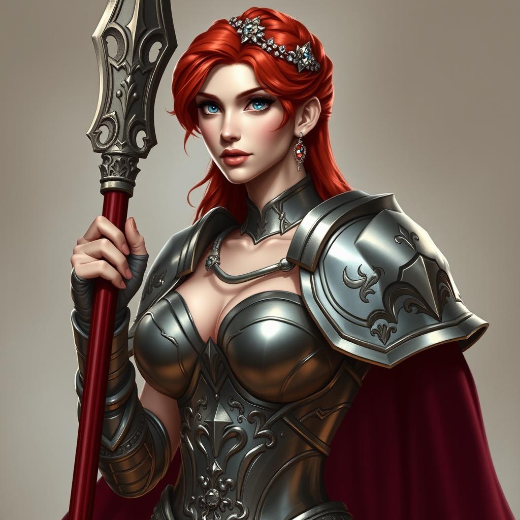 A striking female paladin with vibrant red hair, displaying an aura of strength and beauty