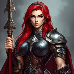 A striking female paladin with vibrant red hair, displaying an aura of strength and beauty