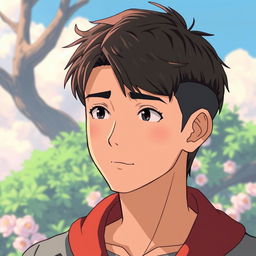 A male character with short textured hair and a mid fade haircut, inspired by Studio Ghibli style