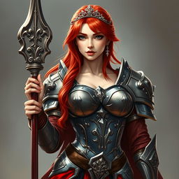 A striking female paladin with vibrant red hair, displaying an aura of strength and beauty