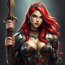 A striking female paladin with vibrant red hair, displaying an aura of strength and beauty