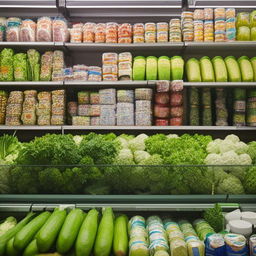 A well-stocked grocery unit filled with fresh produce, canned goods and consumable items, arranged neatly on shelves