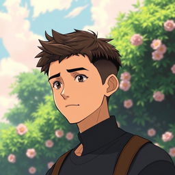 A male character with short textured hair and a mid fade haircut, inspired by Studio Ghibli style