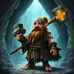 A short dwarf man with a stout and muscular build, his long beard braided and adorned with metal chains