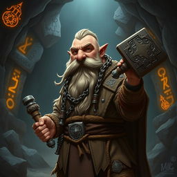 A short dwarf man with a stout and muscular build, his long beard braided and adorned with metal chains