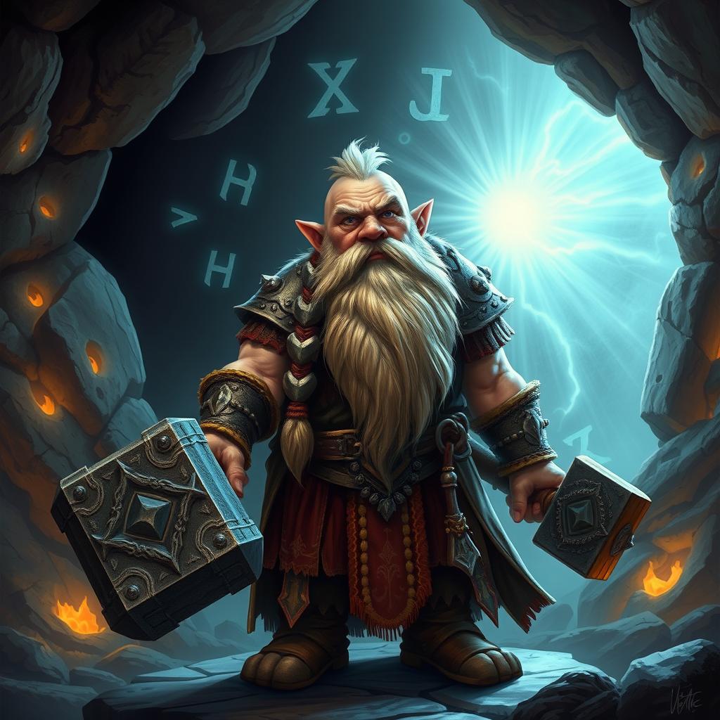 A short dwarf man with a stout and muscular build, his long beard braided and adorned with metal chains