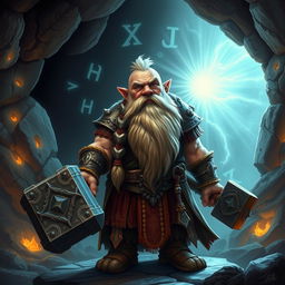 A short dwarf man with a stout and muscular build, his long beard braided and adorned with metal chains