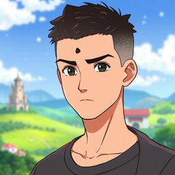 A male character with very short textured hair and a mid fade haircut, featuring a small mole on the top left of his forehead