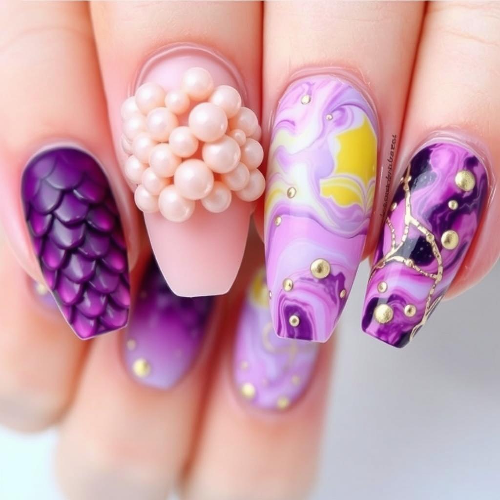 A stunning nail art design featuring intricate details on five nails