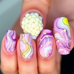 A stunning nail art design featuring intricate details on five nails