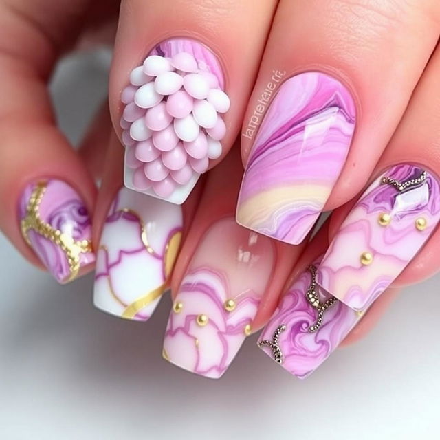 A stunning nail art design featuring intricate details on five nails