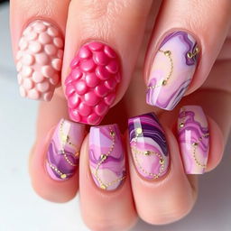 A stunning nail art design featuring intricate details on five nails