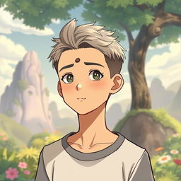 A male character with very short textured hair and a mid fade haircut, featuring a small mole on the top left of his forehead, styled in Studio Ghibli fashion