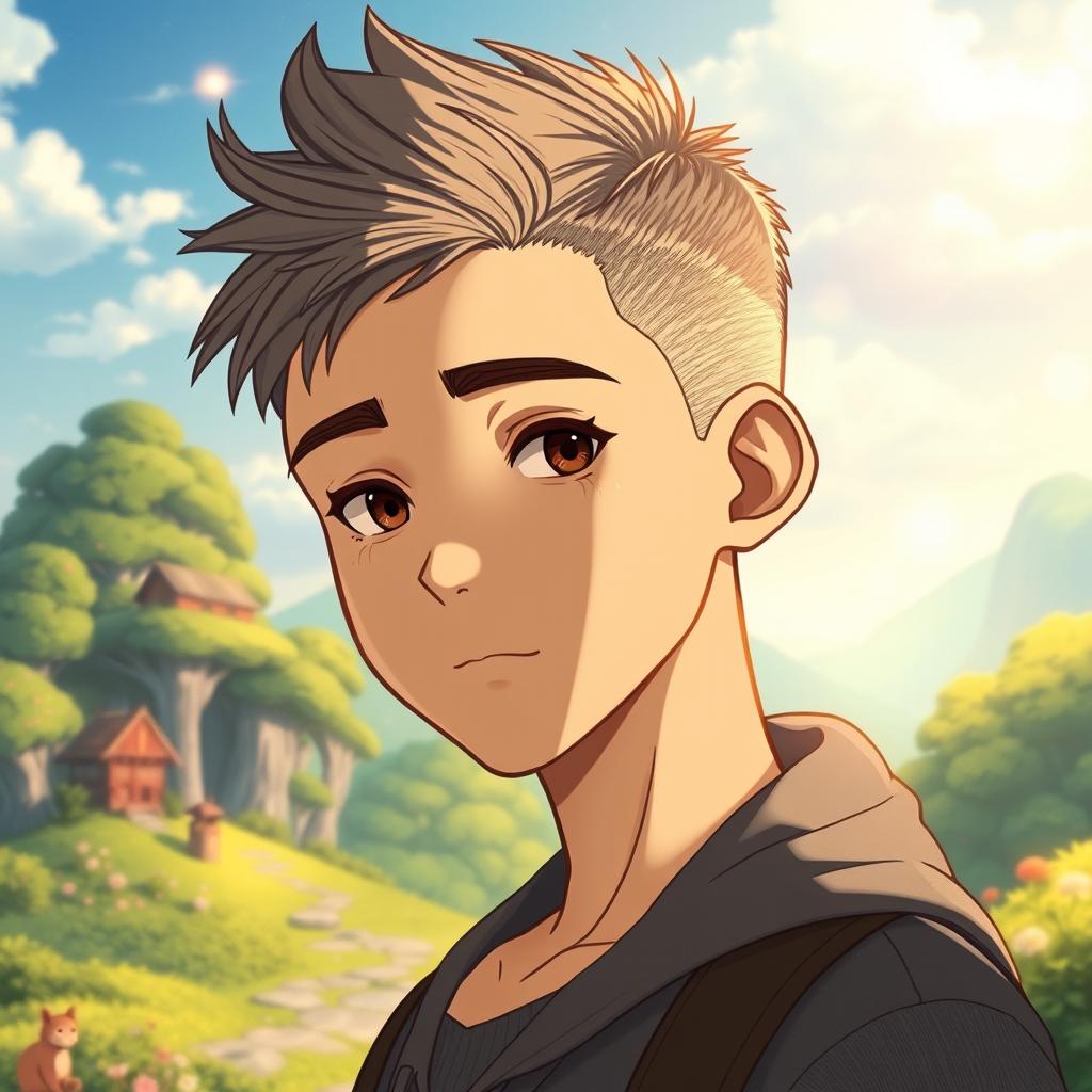 A male character with very short textured hair and a mid fade haircut, featuring a small mole on the top left of his forehead, styled in Studio Ghibli fashion