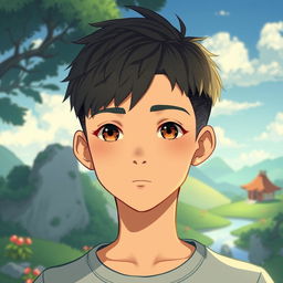 A male character with very short textured hair and a mid fade haircut, featuring a small mole on the top left of his forehead, styled in Studio Ghibli fashion